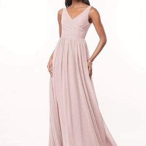 Azazie Keyla Blushing Pink A-Line V-Neck Pleated Chiffon Dress Extra Length